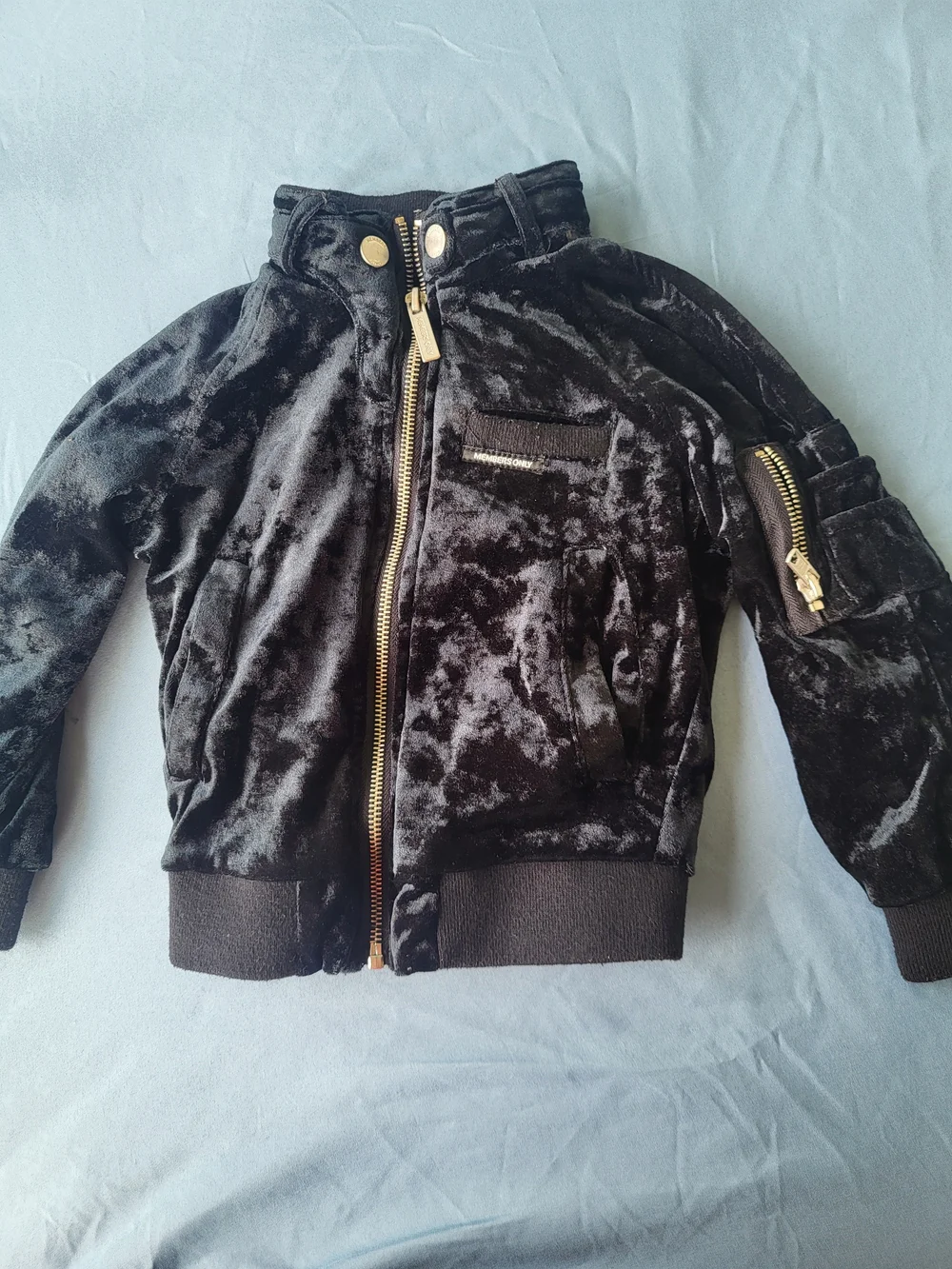 Members Only Black Velvet Kids Bomber Jacket with Gold Zippers